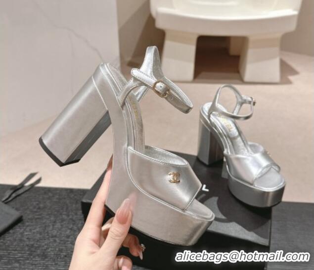 Low Price Chanel Calfskin Platform Sandals 12cm Silver Leather 722086