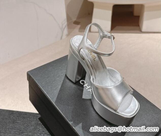 Low Price Chanel Calfskin Platform Sandals 12cm Silver Leather 722086