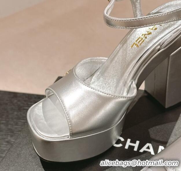 Low Price Chanel Calfskin Platform Sandals 12cm Silver Leather 722086