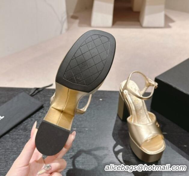 Top Design Chanel Calfskin Platform Sandals 12cm Gold Leather 722087