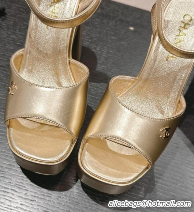 Top Design Chanel Calfskin Platform Sandals 12cm Gold Leather 722087