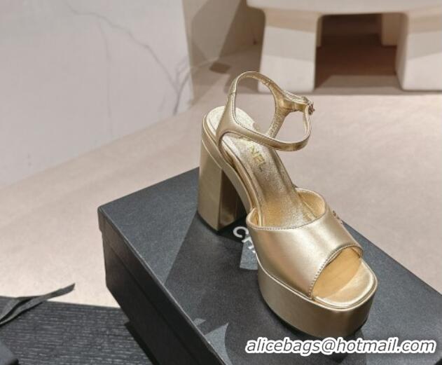 Top Design Chanel Calfskin Platform Sandals 12cm Gold Leather 722087