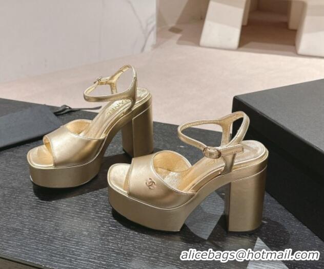 Top Design Chanel Calfskin Platform Sandals 12cm Gold Leather 722087