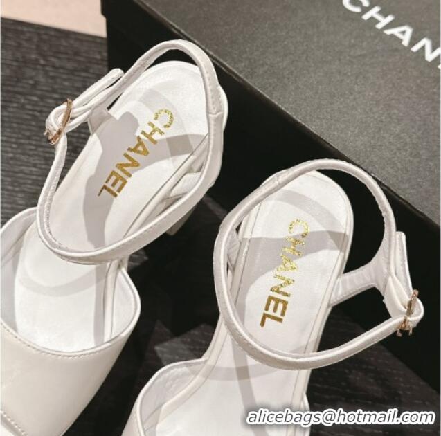 Buy Discount Chanel Calfskin Platform Sandals 12cm White/Gold CC 722088