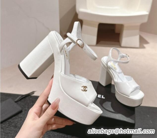 Buy Discount Chanel Calfskin Platform Sandals 12cm White/Gold CC 722088