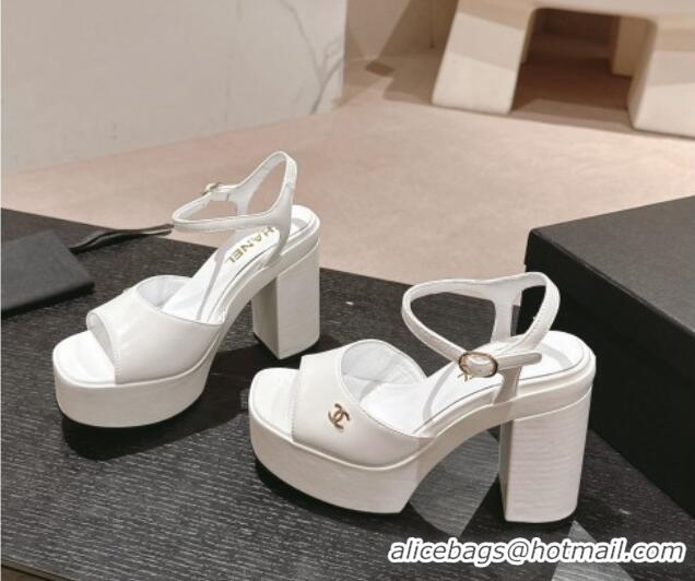 Buy Discount Chanel Calfskin Platform Sandals 12cm White/Gold CC 722088