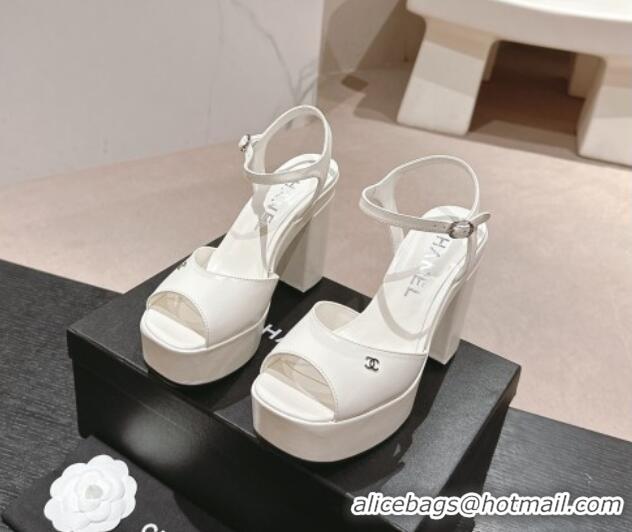 Good Quality Chanel Calfskin Platform Sandals 12cm White/Silver 722089