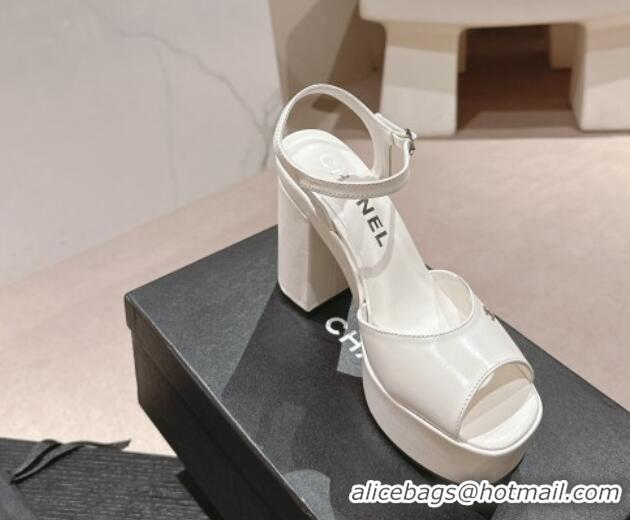 Good Quality Chanel Calfskin Platform Sandals 12cm White/Silver 722089