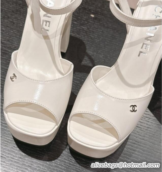 Good Quality Chanel Calfskin Platform Sandals 12cm White/Silver 722089