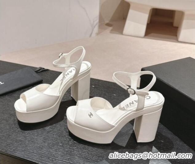 Good Quality Chanel Calfskin Platform Sandals 12cm White/Silver 722089