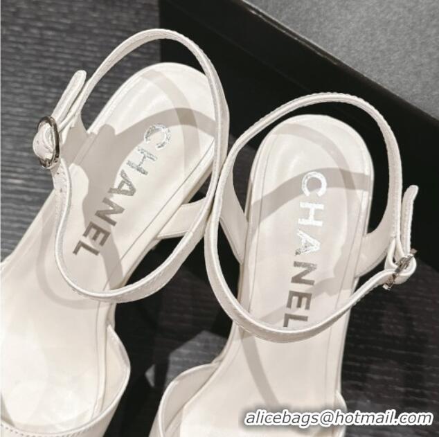 Good Quality Chanel Calfskin Platform Sandals 12cm White/Silver 722089