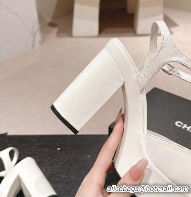 Good Quality Chanel Calfskin Platform Sandals 12cm White/Silver 722089