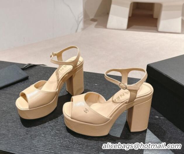 Hot Style Chanel Calfskin Platform Sandals 12cm Light Beige 722091