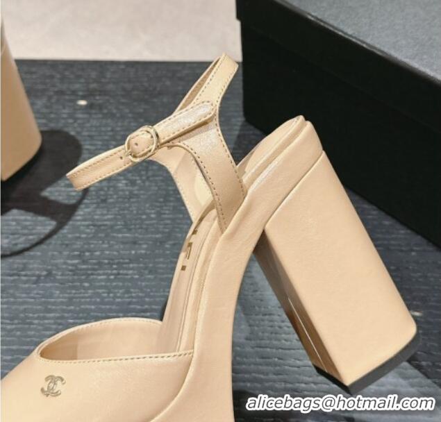 Hot Style Chanel Calfskin Platform Sandals 12cm Light Beige 722091