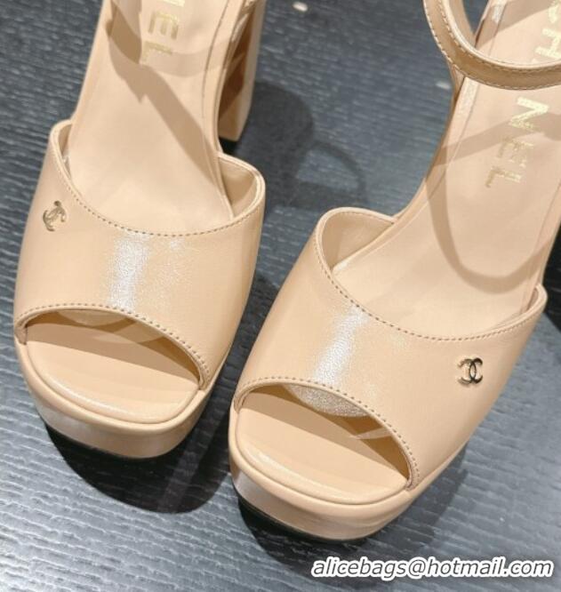 Hot Style Chanel Calfskin Platform Sandals 12cm Light Beige 722091