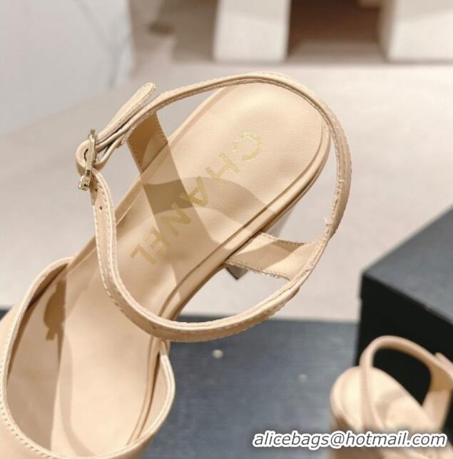 Hot Style Chanel Calfskin Platform Sandals 12cm Light Beige 722091