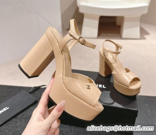 Hot Style Chanel Calfskin Platform Sandals 12cm Light Beige 722091