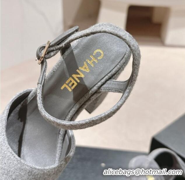 Sumptuous Chanel Wool Platform Sandals 12cm Grey/Gold CC 722093