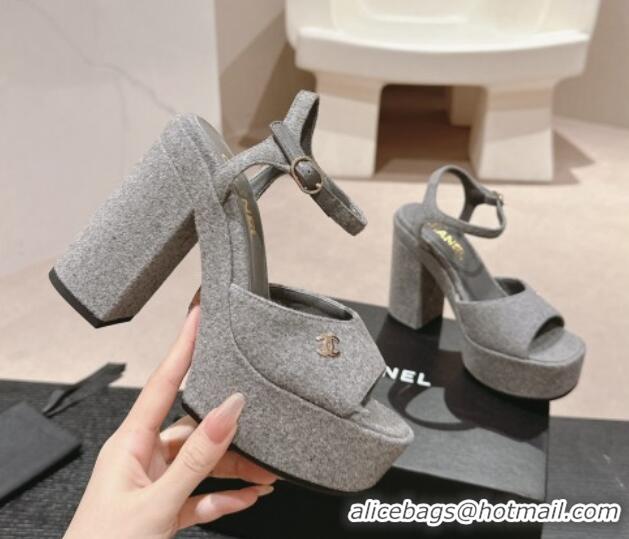 Sumptuous Chanel Wool Platform Sandals 12cm Grey/Gold CC 722093