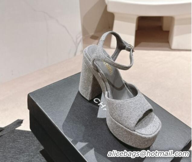 Sumptuous Chanel Wool Platform Sandals 12cm Grey/Gold CC 722093