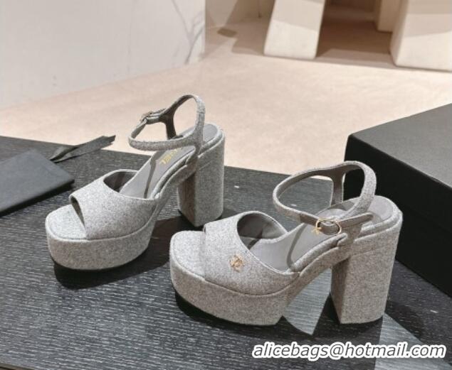 Sumptuous Chanel Wool Platform Sandals 12cm Grey/Gold CC 722093