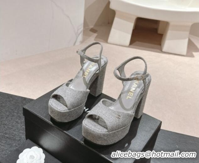 Duplicate Chanel Wool Platform Sandals 12cm Grey/Silver cc 722094