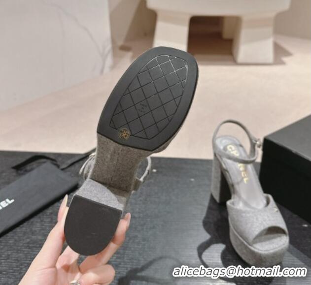 Duplicate Chanel Wool Platform Sandals 12cm Grey/Silver cc 722094