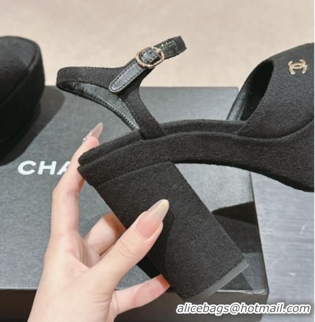 Grade Quality Chanel Wool Platform Sandals 12cm Black/Gold CC 722095