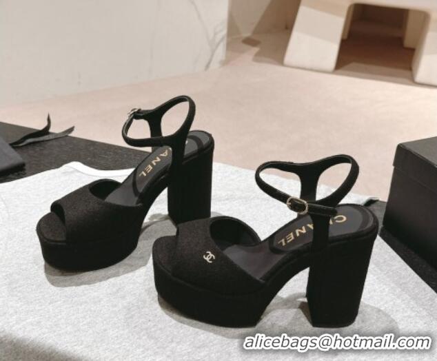 Sophisticated Chanel Wool Platform Sandals 12cm Black/Silver cc 722096