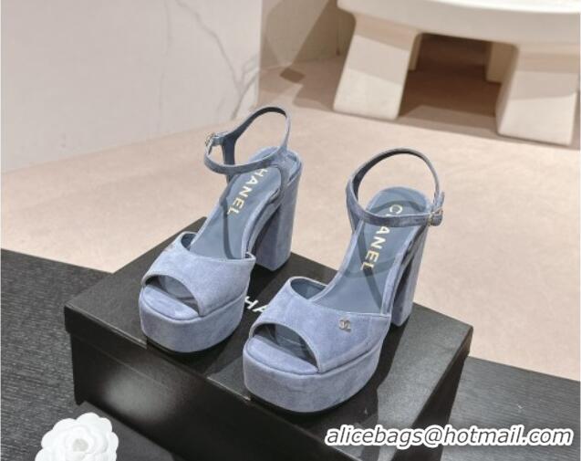 Purchase Chanel Suede Platform Sandals 12cm Dusy Blue 722098