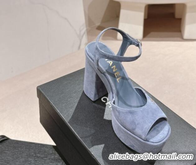 Purchase Chanel Suede Platform Sandals 12cm Dusy Blue 722098