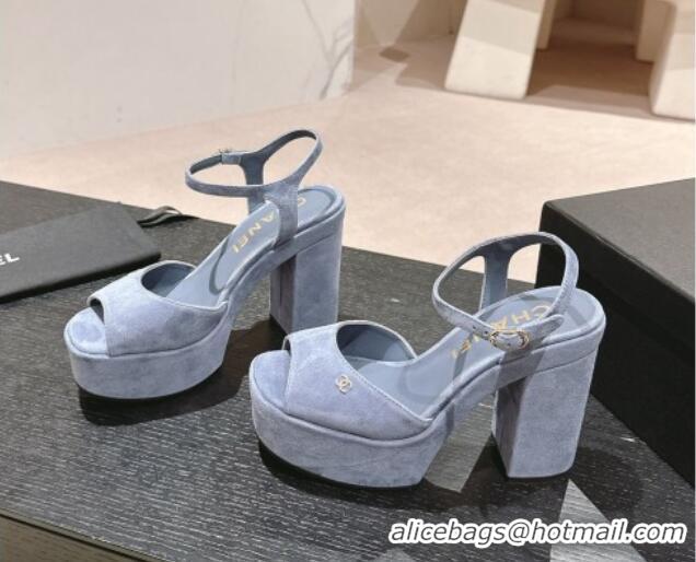 Purchase Chanel Suede Platform Sandals 12cm Dusy Blue 722098