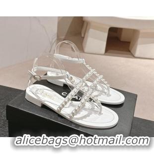 Best Grade Chanel Calfskin Flat Thong Sandals with Pearls White 722101