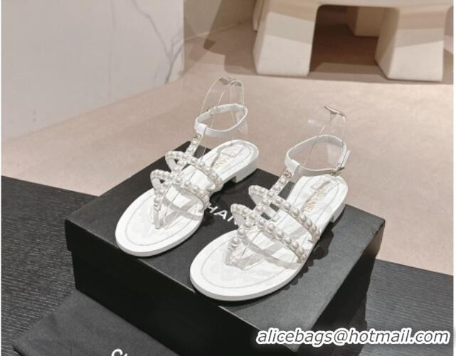 Best Grade Chanel Calfskin Flat Thong Sandals with Pearls White 722101