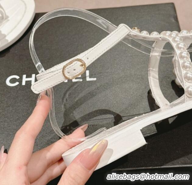 Best Grade Chanel Calfskin Flat Thong Sandals with Pearls White 722101