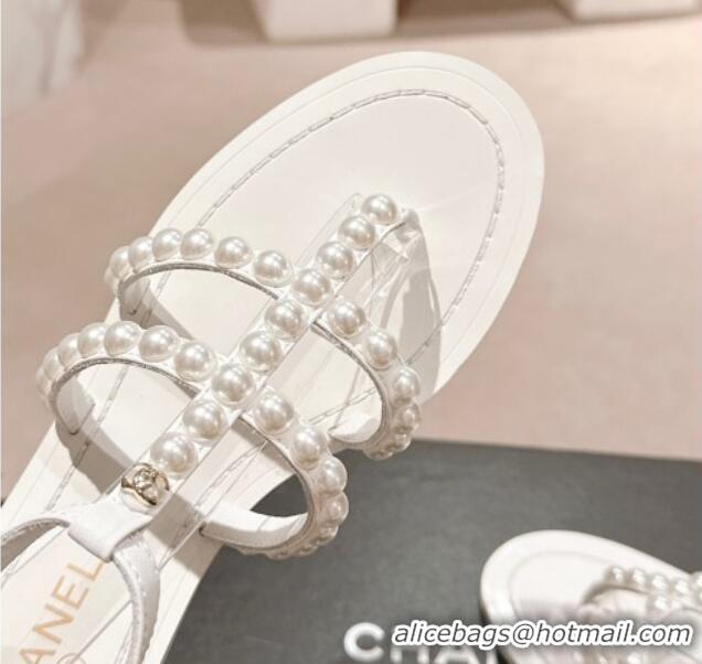 Best Grade Chanel Calfskin Flat Thong Sandals with Pearls White 722101