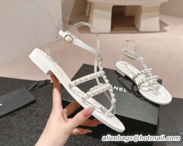 Best Grade Chanel Calfskin Flat Thong Sandals with Pearls White 722101