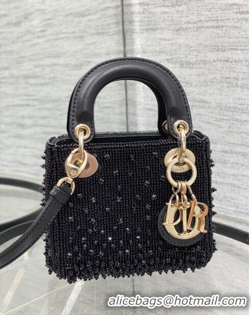 New Design Dior Metallic Calfskin Lady Dior Micro Bag with Bead Embroidery D8131 Black 2024