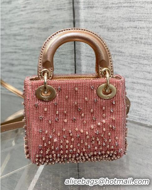 Best Price Dior Metallic Calfskin Lady Dior Micro Bag with Bead Embroidery D8132 Pink 2024