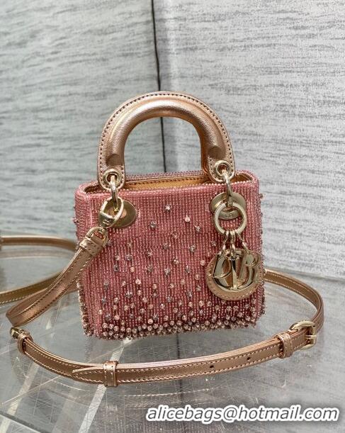 Best Price Dior Metallic Calfskin Lady Dior Micro Bag with Bead Embroidery D8132 Pink 2024