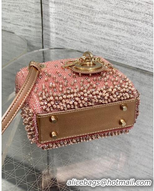 Best Price Dior Metallic Calfskin Lady Dior Micro Bag with Bead Embroidery D8132 Pink 2024