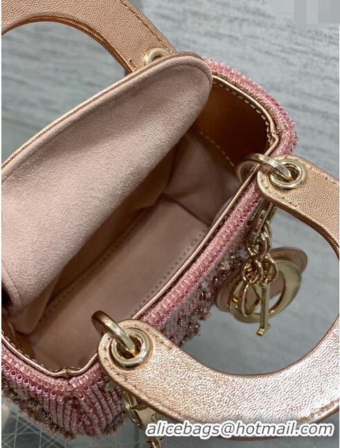 Best Price Dior Metallic Calfskin Lady Dior Micro Bag with Bead Embroidery D8132 Pink 2024