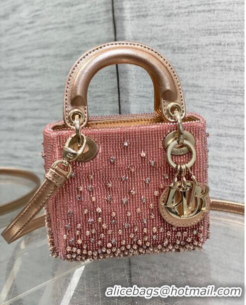 Best Price Dior Metallic Calfskin Lady Dior Micro Bag with Bead Embroidery D8132 Pink 2024