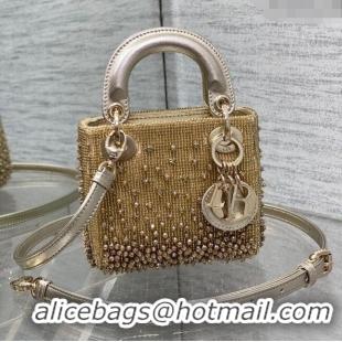 Top Quality Dior Metallic Calfskin Lady Dior Micro Bag with Bead Embroidery D8133 Gold 2024