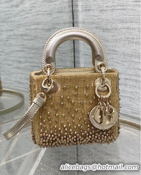 Top Quality Dior Metallic Calfskin Lady Dior Micro Bag with Bead Embroidery D8133 Gold 2024