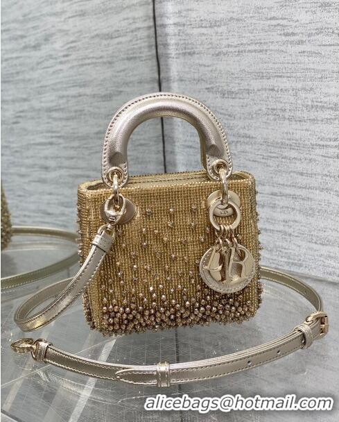 Top Quality Dior Metallic Calfskin Lady Dior Micro Bag with Bead Embroidery D8133 Gold 2024