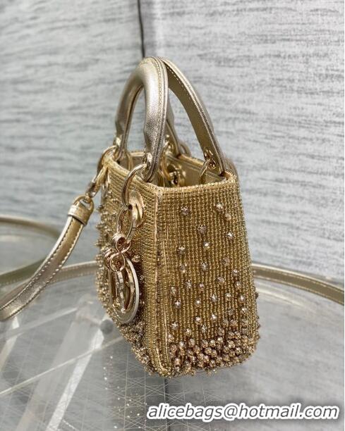 Top Quality Dior Metallic Calfskin Lady Dior Micro Bag with Bead Embroidery D8133 Gold 2024