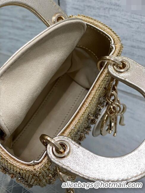 Top Quality Dior Metallic Calfskin Lady Dior Micro Bag with Bead Embroidery D8133 Gold 2024