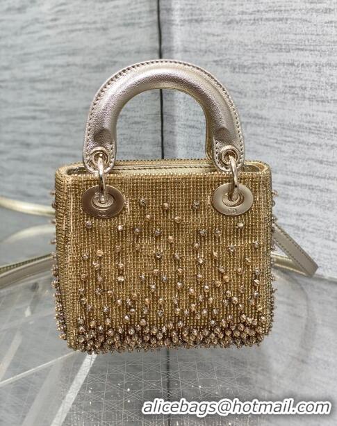 Top Quality Dior Metallic Calfskin Lady Dior Micro Bag with Bead Embroidery D8133 Gold 2024