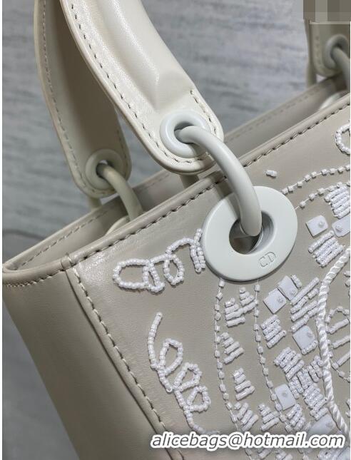 Grade Quality Dior Calfskin Lady Dior Medium Bag with Bead Embroidery D8134 White/Grey 2024